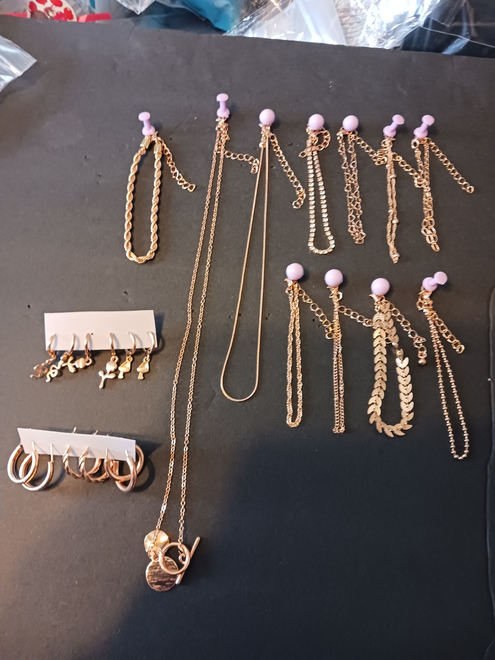 Source Unknown Gold-Tone Mixed Earring and Necklace Set with Pink Accents